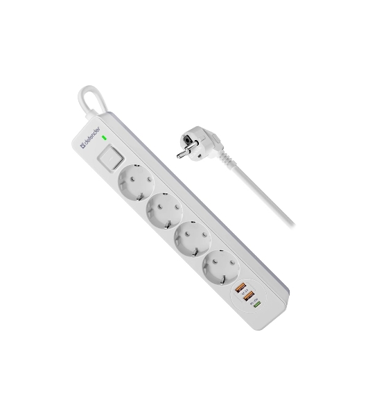Удлинитель с сетевым фильтром Defender DFS 143, белый, 4розетки, USB+TypeC, 3 м.