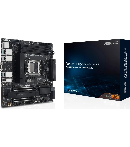 Материнская плата ASUS PRO WS B850M-ACE SE, AM5, AMD B850, 4xDDR5, 4xSATA, 2xM.2, 1xPCIe 5.0 x16, 1xPCIe 4.0 x16, 1xVGA, 1xHDMI, 1xDP, 1x2.5Gb LAN, 1x10Gb LAN, 2xUSB-C 10Gbps, 3xUSB-A 10Gbps, 2xUSB-A 2.0, 7.1, mATX