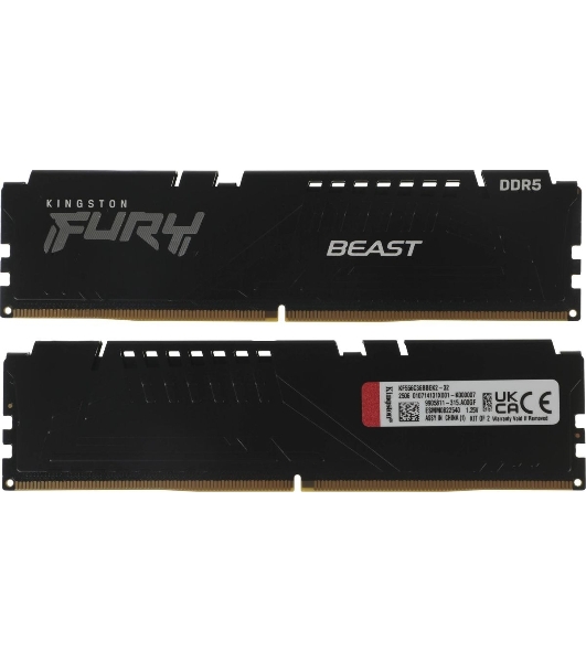 Оперативная память Kingston Fury Beast, DDR5, 32GB (2x16GB), 5600MHz, CL36, DIMM, с радиаторами, черный