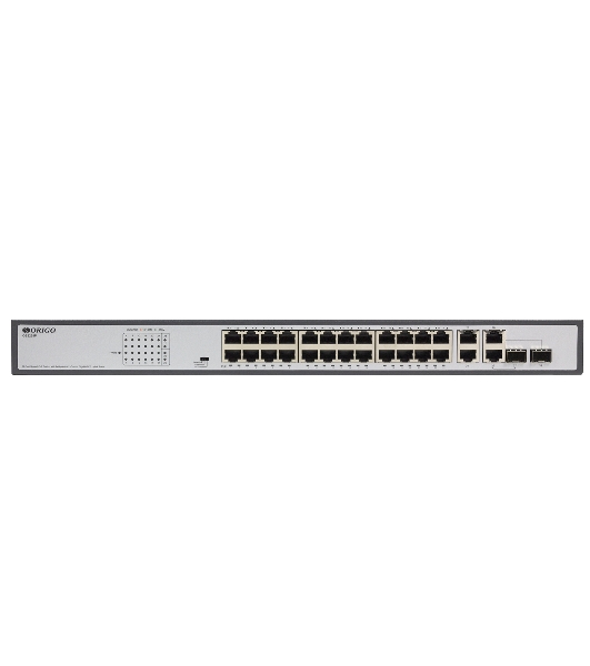 Коммутатор неуправляемый PoE ORIGO Unmanaged Switch 26x1000Base-T (24x1000Base-T PoE), 2xCombo 1000Base-T/SFP, PoE Budget 370W, Long-range PoE up to 250m, 19' w/brackets