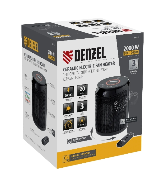 Тепловентилятор керамический Denzel DTFC-2000X, 1000/2000 Вт, 20 м2, 3 режима, пульт, Wi-Fi, термостат