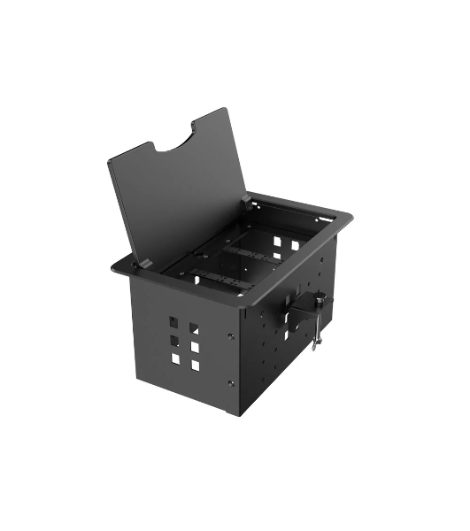 Прямоугольный металлический корпус Wize Pro WRTS-12BOX-B для модульной системы врезного лючка в стол с откидывающейся крышкой, до12 модулей-вставок, беспроводная зарядка 10Вт для моб.устройств на крышке, преустановленная рамка,черный