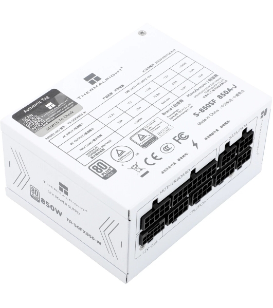Блок питания Thermalright, 850W 80+ Gold (SFX, 3.1, PCIe 5.1, Full modular, 1x24(20+4)pin, 1xCPU 8(4+4)pin, 2xPCIe*2 8(6+2)pin, 1x12VHPWR PCIe 5.1 12+4pin 600мм, 3xSATA3, 3xMOLEX4pin, Active, 92x92mm, 100x125x64mm, APFC, OPP, OVP, OTP, OCP, SCP, UVP, white)