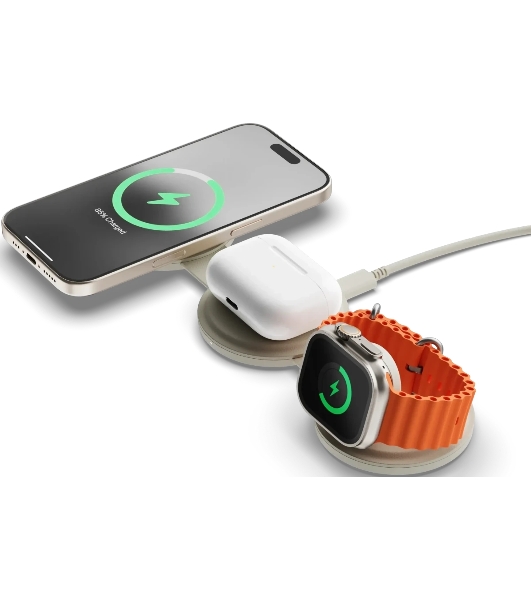 Переносное зарядное устройство Satechi Qi2 OntheGo 3-in-1 Wireless Charger, песочный