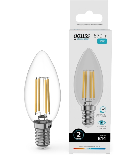 Лампа филам. Gauss Filament 10Вт цок.:E14 свеча св.свеч.бел.нейт. (упак.:10шт) (32120)
