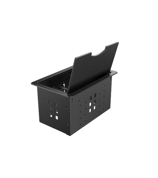 Прямоугольный металлический корпус Wize Pro WRTS-12BOX-B для модульной системы врезного лючка в стол с откидывающейся крышкой, до12 модулей-вставок, беспроводная зарядка 10Вт для моб.устройств на крышке, преустановленная рамка,черный