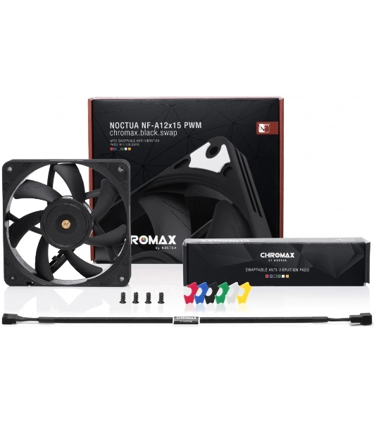 Вентилятор корпусной Noctua NF-A12x15 PWM chromax.black.swap, 120x15 мм (slim), 0-1850 об/мин, 23.9 дБ, 4-pin PWM, 94.2 м³/ч, черный, сменные антивибрационные подушки