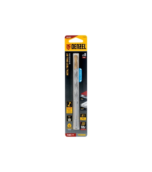 Сверло спиральное по металлу Denzel 8 х 165 мм, Р6М5, Golden Tip, удлиненное