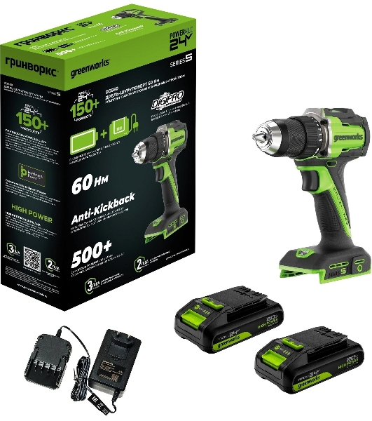 Дрель безударная Greenworks DD560 патрон:быстрозажимной реверс (3708407CUC)