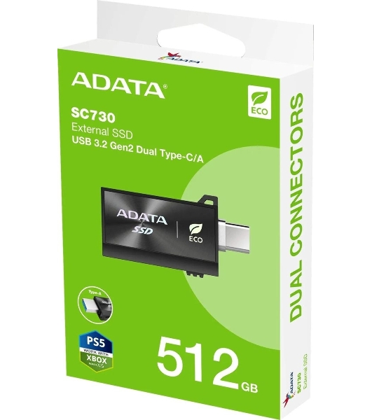 Внешний SSD ADATA SC730, 512 Gb, USB 3.2 Gen 2 Type-A/Type-C, R/W 600/600, черный