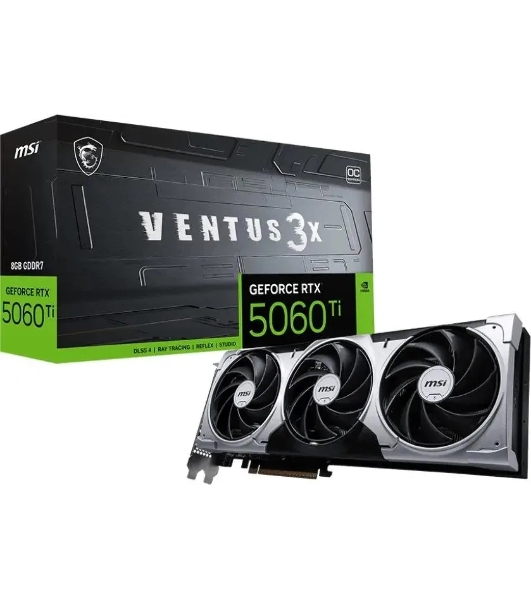 Видеокарта MSI RTX 5060 8G VENTUS 3X OC, NVIDIA RTX 5060, 8Gb, GDDR7, 128 bit, PCI-E 5.0, HDMIx1, DPx3, HDCP, 2550 MHz
