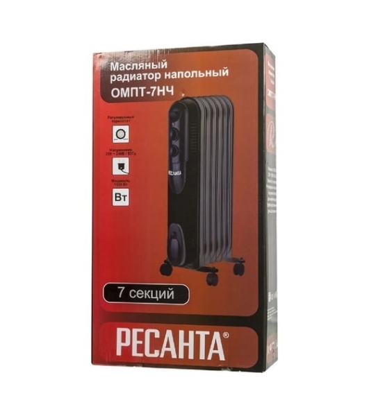 Обогреватель масляный Ресанта ОМПТ-7НЧ (7 секций) черный, 1500 Вт, 15 м2, термостат 67/3/13
