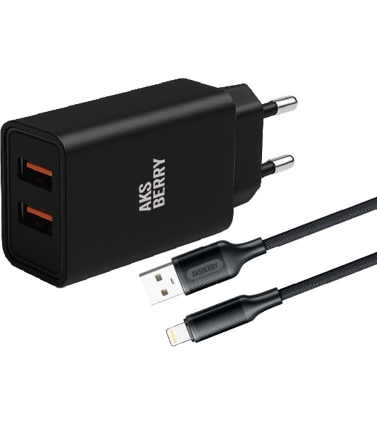 Сетевое зарядное устройство AKSBERRY (6900209210016) T38 2 USB 2.4A + кабель Lightning, черный
