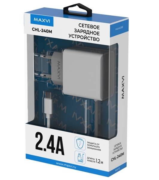 Сетевое зарядное устройство Maxvi CHL-240M 2.4A, with microUSB cable, белый