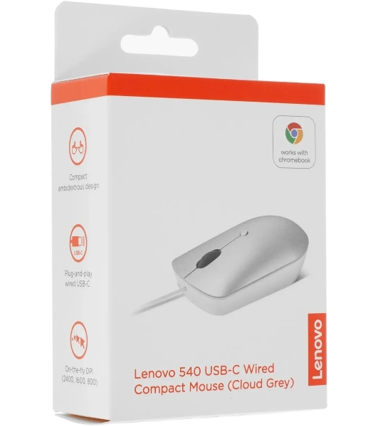 Мышь проводная Lenovo 540 светло-серый, 2400 dpi, USB-C, кнопки - 4