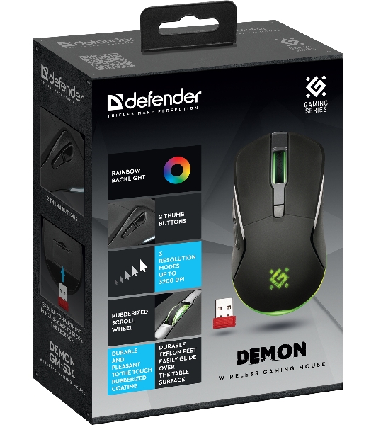 Мышь беспроводная Defender Demon GM-534 черный, 3200 dpi, радиоканал, USB, кнопки - 6