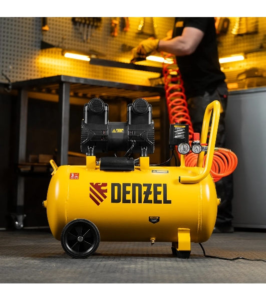 Компрессор безмасляный малошумный Denzel DLP-1500/50, 1,5 кВт, 50 л, 2850 об/мин, 250 л/мин