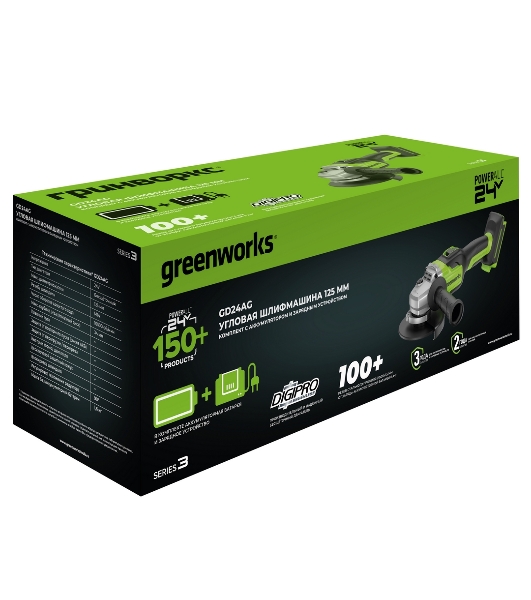 Углошлифовальная машина Greenworks GD24AG 754Вт 10500об/мин рез.шпин.:M14 d=125мм (3200207CUB)
