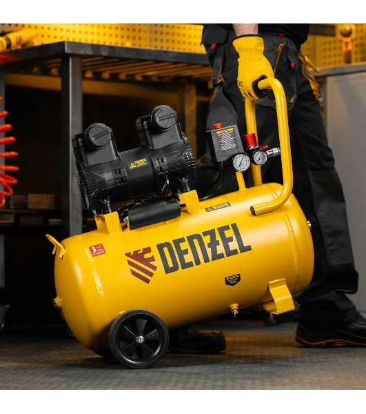 Компрессор безмасляный малошумный Denzel DLP-1500/50, 1,5 кВт, 50 л, 2850 об/мин, 250 л/мин