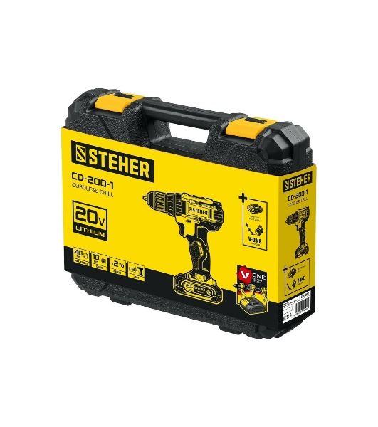 Дрель-шуруповерт STEHER CD-200-1, 20 В, 2 Ач, 45 Нм, бесщеточный
