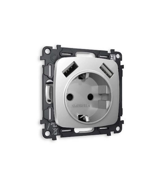 Комплект механизма электрической розетки OMEGA Серебро глянец 2USB A+A 18W (быстрая зарядка) с/з QUANT (OP4090, VM155) MO409010