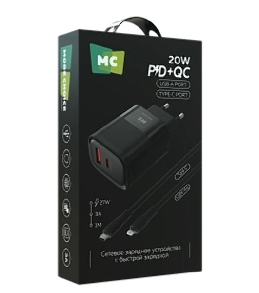 Сетевое зарядное устройство MORE CHOICE (4620202555557) NC81i СЗУ 1USB+1Type-C 3.0A PD 20W+ QC3.0, черный