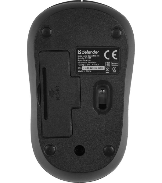 Мышь беспроводная Defender Datum MM-285 черный, 1600 dpi, радиоканал, USB, кнопки - 3