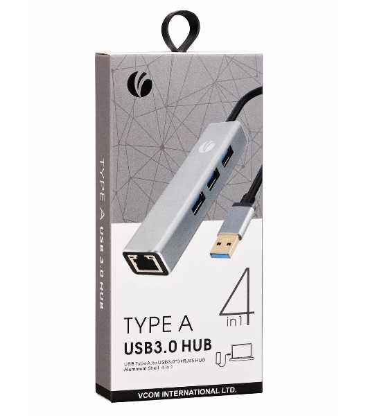 Переходник VCOM USB 3.0 -->RJ-45 1000Mbps+3 USB3.0, Aluminum Shell, 0.2м DH312A