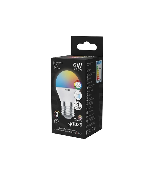Лампа светодиодная Gauss G45 6W E27 шар RGbW димирование LED 1/100