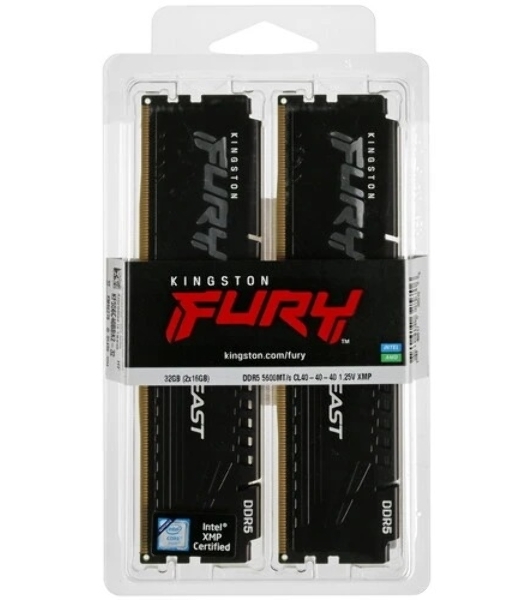 Оперативная память Kingston Fury Beast, DDR5, 32GB (2x16GB), 5600MHz, CL40, DIMM, с радиаторами, черный