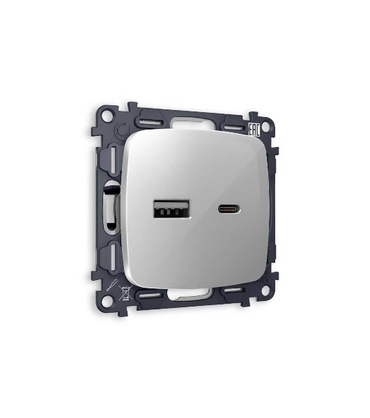 Комплект механизма розетки OMEGA Серебро глянец 2USB A+C 20W (быстрая зарядка) QUANT (OP4110, VM177) MO411010