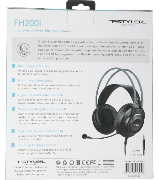 Гарнитура A4Tech Fstyler FH200i серый, проводная