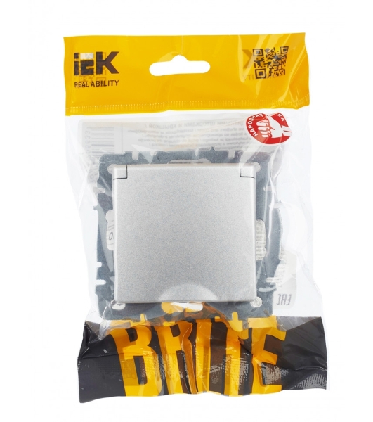 Розетка 1-местная IEK BRITE РСбш10-3-44-БрА с заземлением, с защитными шторками и крышкой, 16А, IP44, алюминий