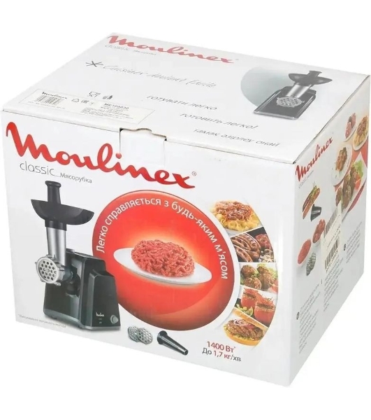 Мясорубка электрическая Moulinex ME105830 черный, 1400 Вт, 1.7 кг/мин, реверс, защита от перегрузки, насадки - 3