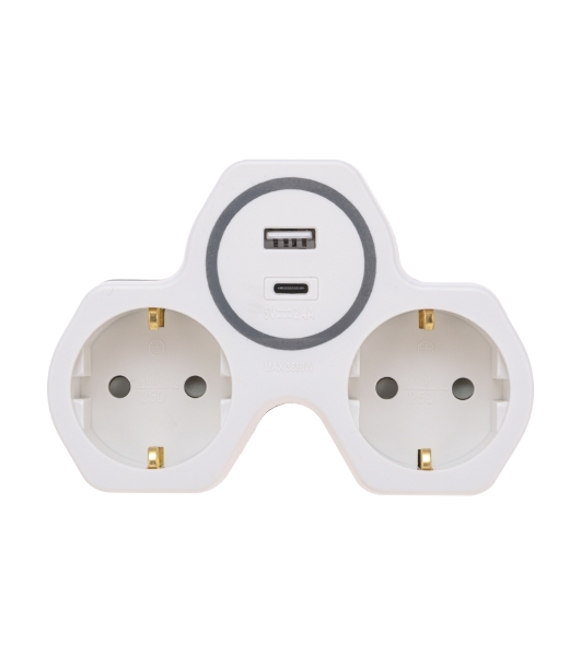Двойник Rexant электрический (разветвитель) 16А с/з + USB-A + USB-C с защитными шторками, белый