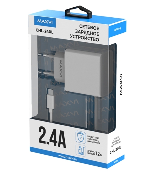 Сетевое зарядное устройство Maxvi CHL-240L Lightning 2.4A, литой кабель 1.2м, белый