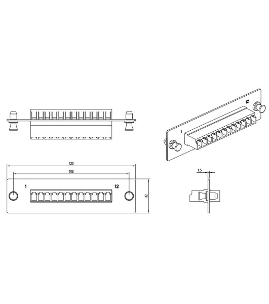 Модульная панель Hyperline, OS2 9/125, 12 х LC, Duplex 120х32, для FO-19BX, черный