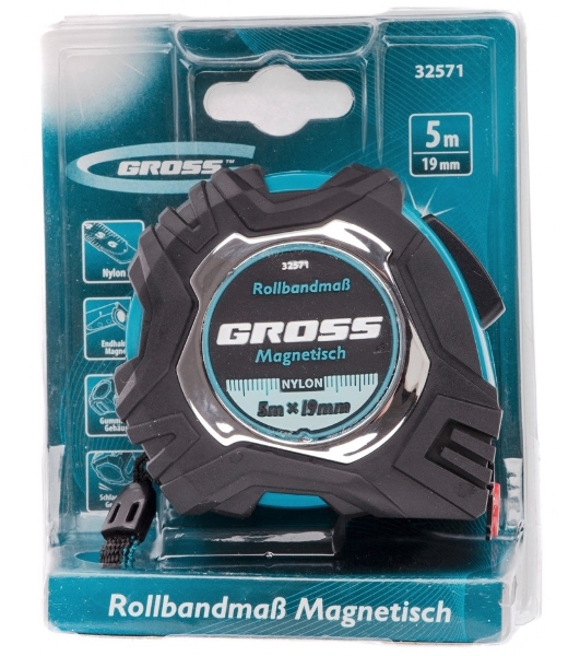 Рулетка Gross Magnetisch, 5 м х 19мм, обрезин. корпус, автоматич. фиксация, нейлон. покр., магн. зацеп
