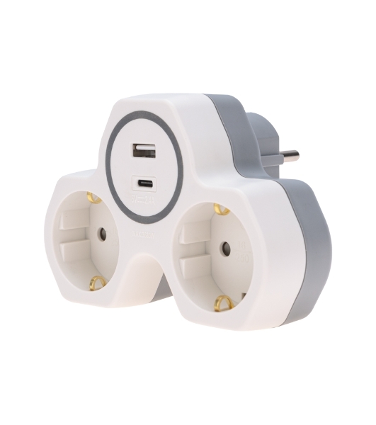 Двойник Rexant электрический (разветвитель) 16А с/з + USB-A + USB-C с защитными шторками, белый