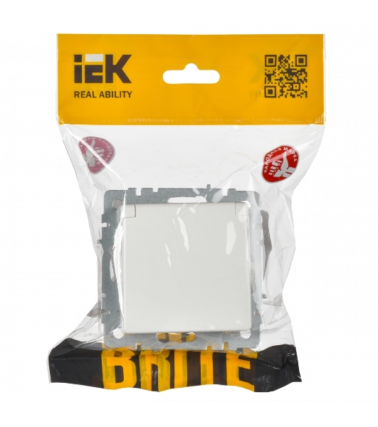 Розетка 1-местная IEK BRITE РСбш10-3-БрБ (BR-R16-16-K01) с заземлением, с защитными шторками и крышкой, 16А, IP20, белый