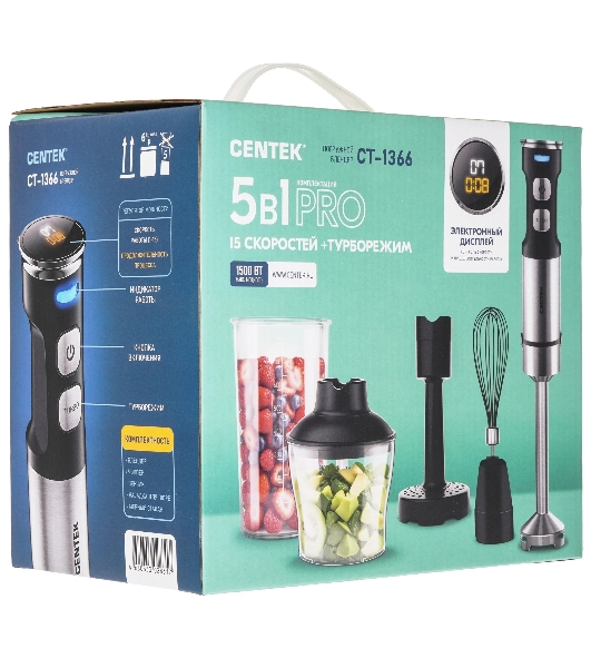Блендер погружной Centek CT-1366 серебристый, 1500 Вт, плавная регулировка, турбо