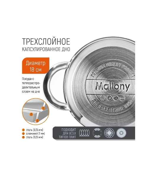 Кастрюля MALLONY Mediano нержавеющая сталь, со стеклянной крышкой, 2,6 л, d-18