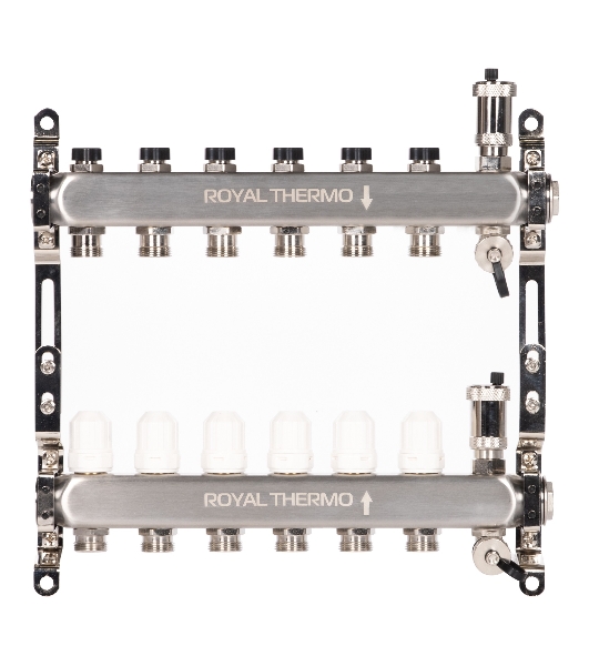Коллектор Royal Thermo нерж. в сборе универсальный 1' ВР-3/4' НР с автомат. воздухоотвод-ми 6 вых.