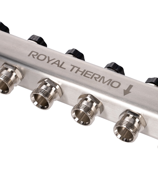 Коллектор Royal Thermo нерж. в сборе универсальный 1' ВР-3/4' НР с автомат. воздухоотвод-ми 6 вых.