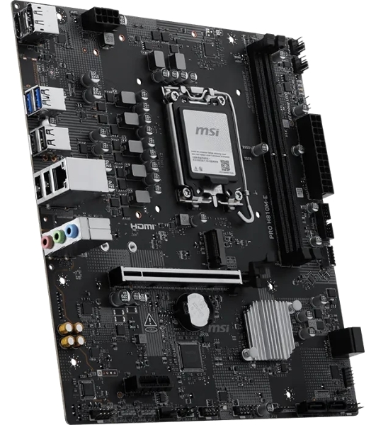 Материнская плата MSI PRO H810M-E, LGA 1851, Intel H810, 2xDDR5 (до 128 ГБ), 4xSATA, 1xM.2 (PCIe 4.0 x4), 1xPCIe 5.0 x16, 1xPCIe x1, 1xHDMI, 1xDP, 1x2.5Gb LAN, 2xUSB-A 5Gbps, 4xUSB-A 2.0, 3x3.5 мм, 7.1, чёрный, mATX