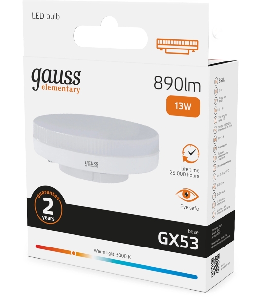 Лампа светодиодная Gauss Elementary 13Вт цок.: GX53 таблетка 220B св. свеч. бел. теп. Tablet (упак.: 10 шт)
