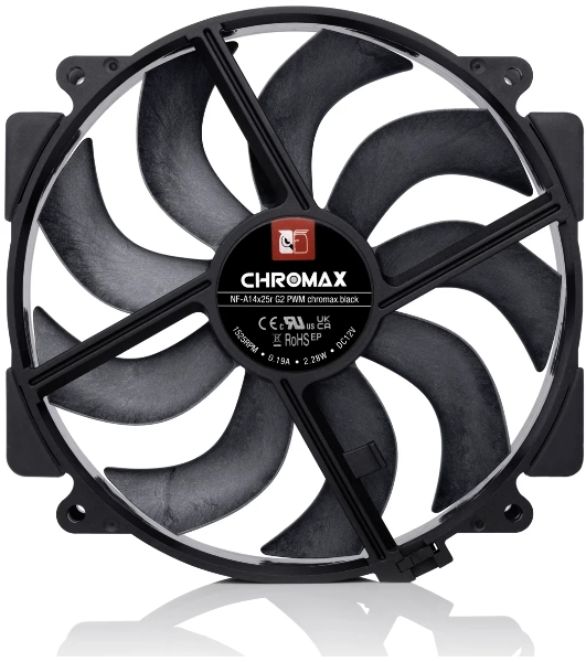 Вентилятор корпусной Noctua NF-A14x25r G2 PWM chromax.black, 140 мм, 1500 об/мин, 22.8 дБ, 4-pin PWM, без подсветки, черный