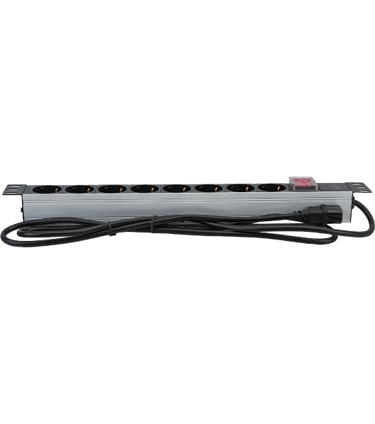 Блок силовых розеток Cabeus, Shuko х 8, вход IEC 320 C14, для шкафов, шнур 2 м, 50х490х50 мм (ВхШхГ), 10А, выключатель, черный