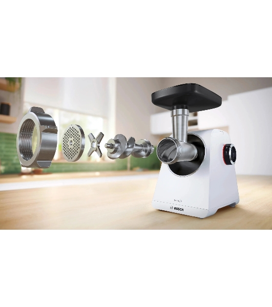 Мясорубка электрическая Bosch MFWS609W белый/черный, 2100 Вт, 3.5 кг/мин, реверс, насадки - 4