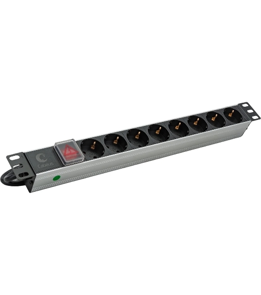 Блок силовых розеток Cabeus, Shuko х 8, вход IEC 320 C14, для шкафов, шнур 2 м, 50х490х50 мм (ВхШхГ), 10А, выключатель, черный